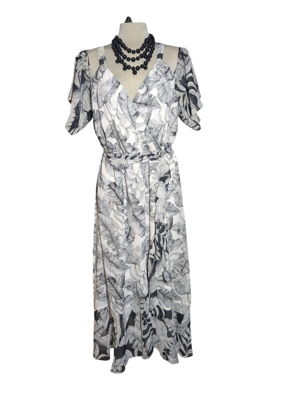 Michel Studio Black and White Tropical Leaf Maxi Dress